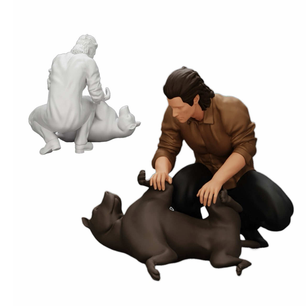 Diorama modelbouw productfoto 0: Knielende man aait zijn liggende hond (Ref Nr. A20)