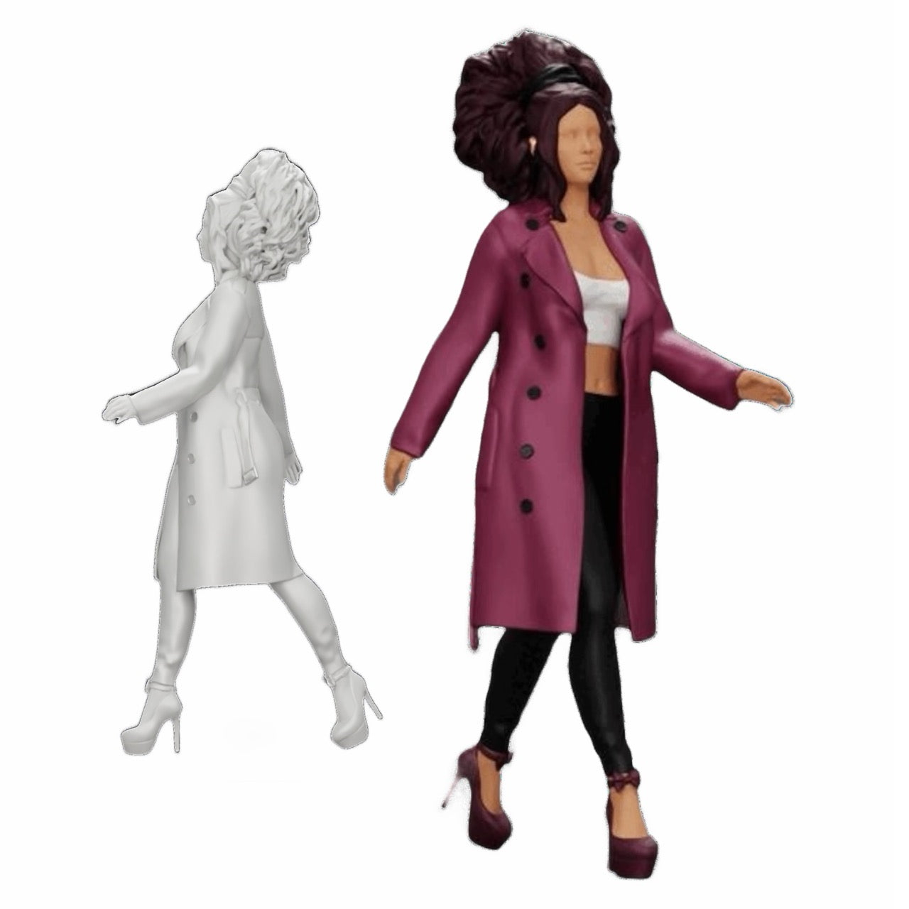 Diorama modelbouw productfoto 0: Modieuze vrouw met krullend haar in lange, open mantel wandelt (Ref Nr. A40)