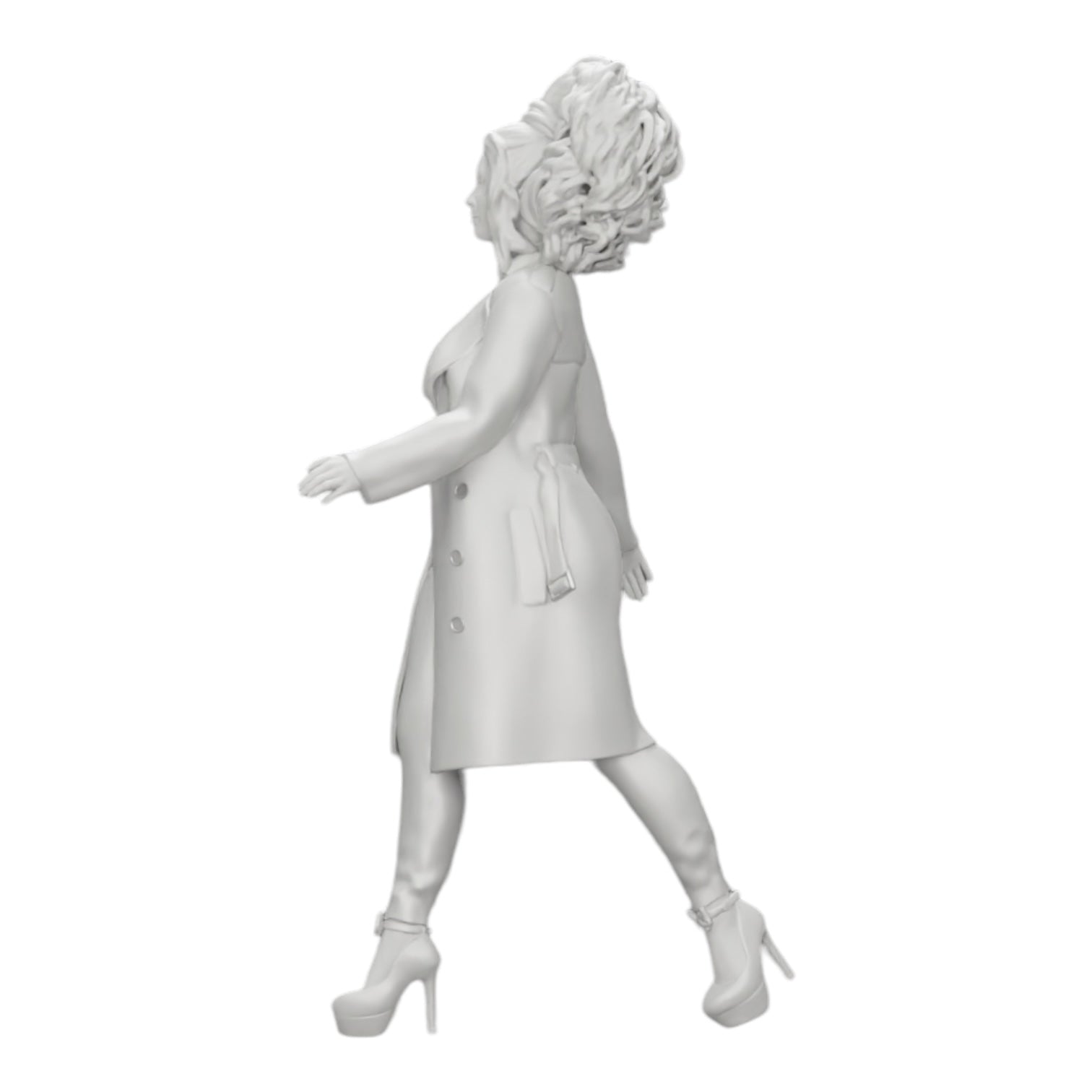 Diorama modelbouw productfoto 0: Modieuze vrouw met krullend haar in lange, open mantel wandelt (Ref Nr. A40)