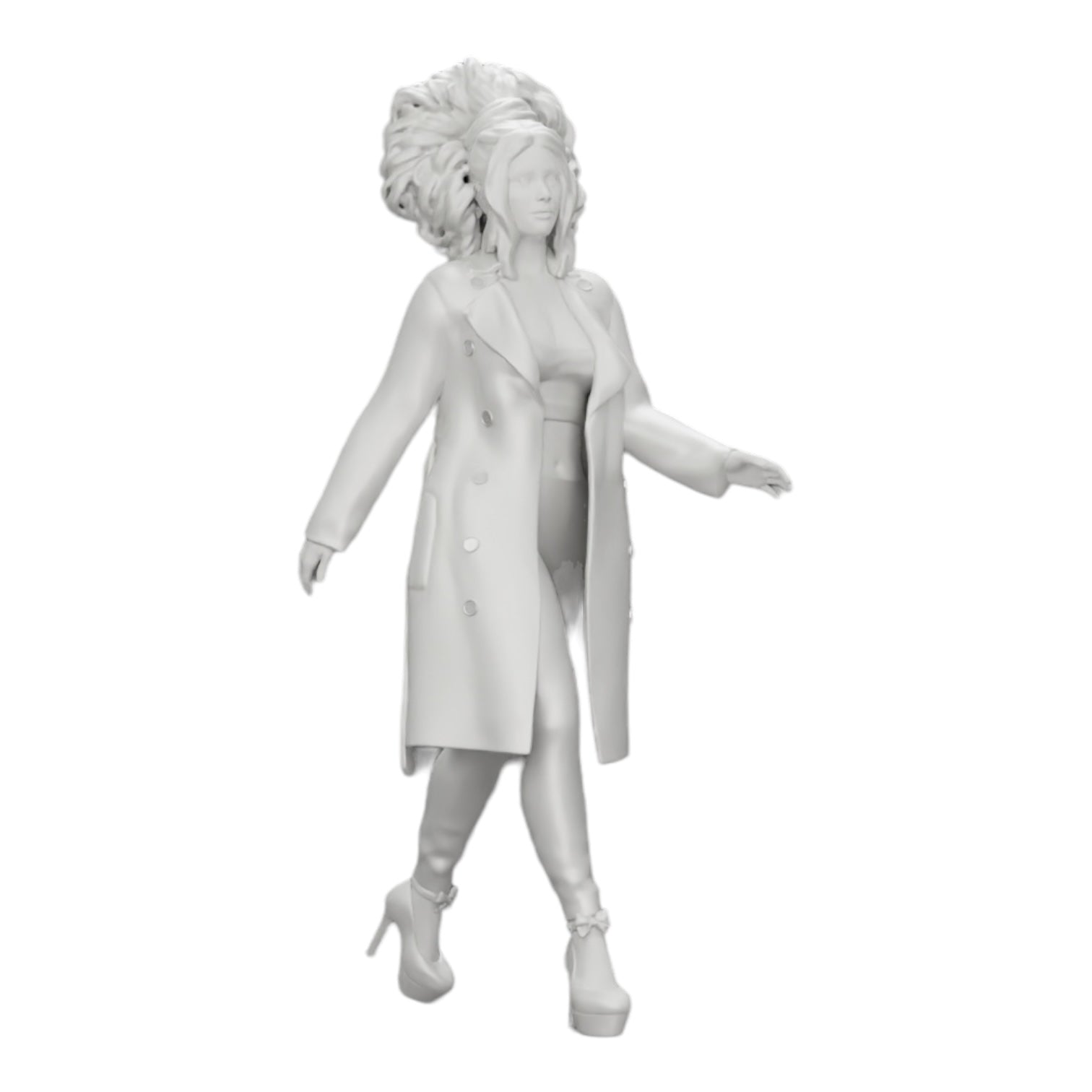 Diorama modelbouw productfoto 0: Modieuze vrouw met krullend haar in lange, open mantel wandelt (Ref Nr. A40)