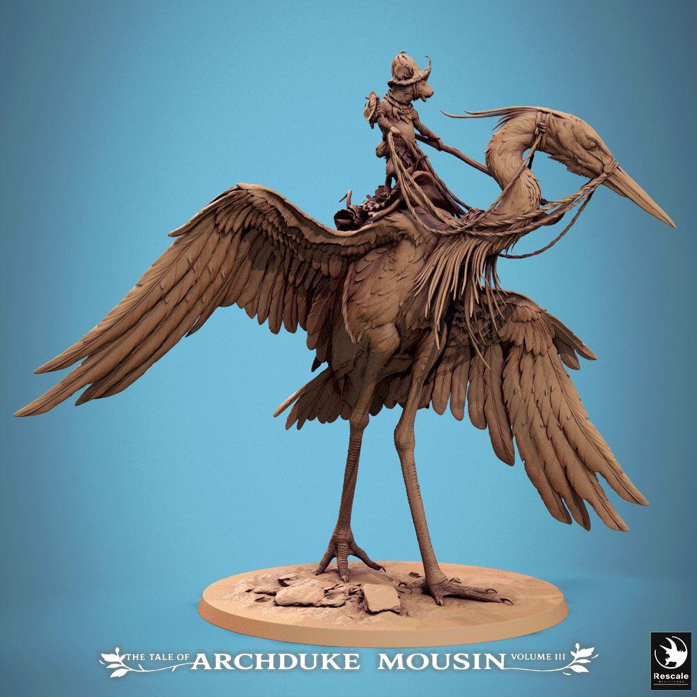 Productfoto Tabletop 28mm Lord of the Print (LotP) 1: Fantasy figuur: Diermens Muis-Ridder op Reiger, Vogelrijder Scout, lichte cavalerie, ruiterheld Reiger Wandeling (25_07_D3)