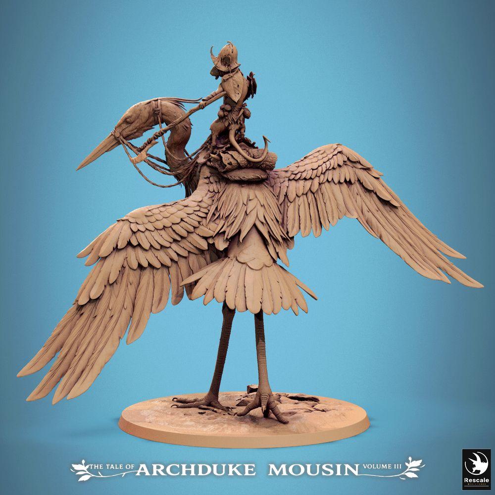 Productfoto Tabletop 28mm Lord of the Print (LotP) 2: Fantasy figuur: Diermens Muis-Ridder op Reiger, Vogelrijder Scout, lichte cavalerie, Ruiterheld Reiger Wandeling (25_07_D3)