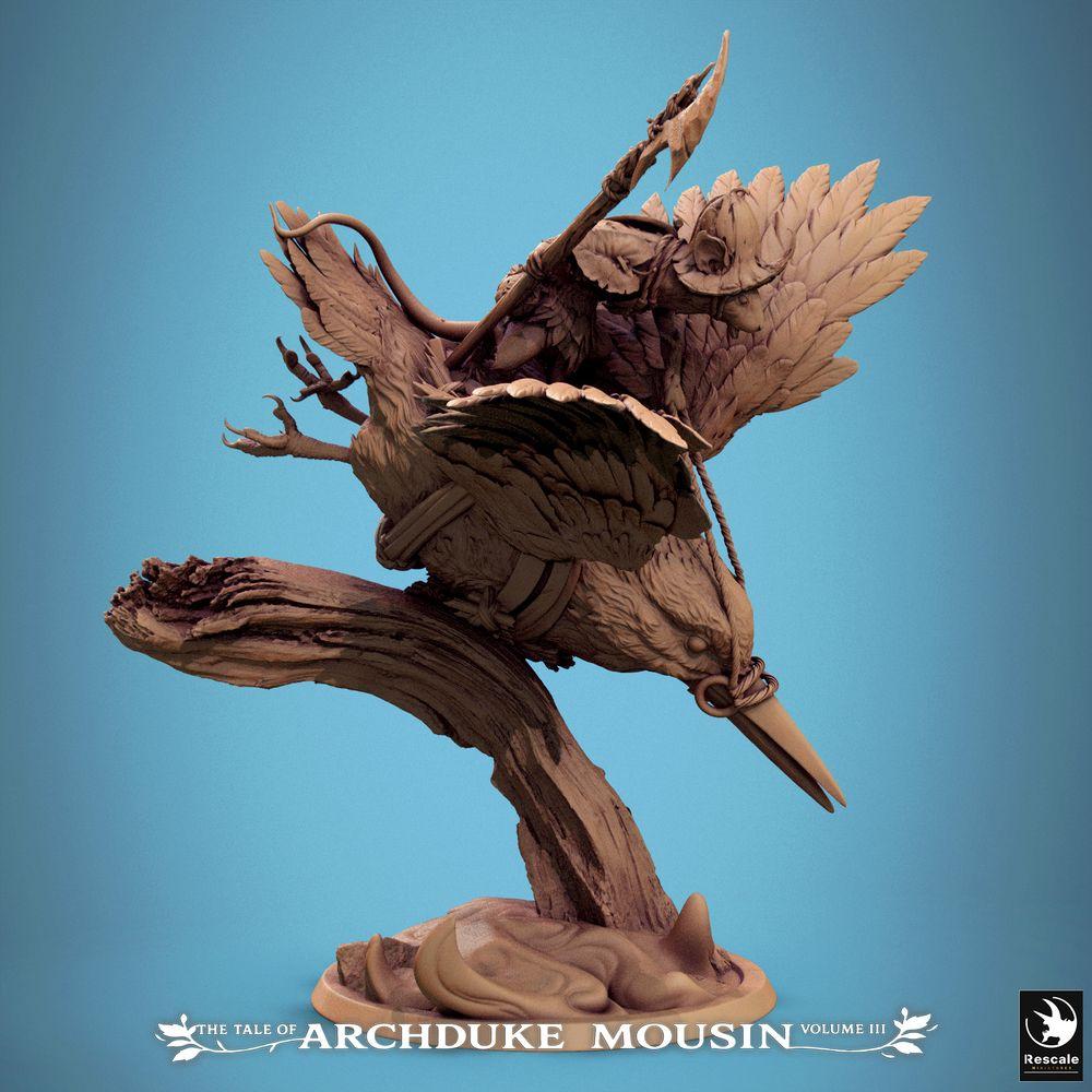 Productfoto Tabletop 28mm Lord of the Print (LotP) 1: Tabletop Miniatuur: Muizridder op IJsvogel, Vogelrijder-Hellebardier in Sturzflug, Cavalerie-Kampioen (Kingfisher Fall) (25_07_F1)