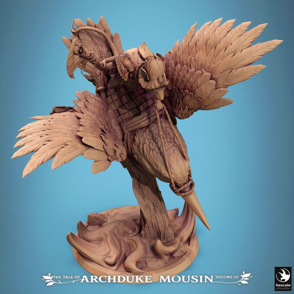 Productfoto Tabletop 28mm Lord of the Print (LotP) 2: Tabletop Miniatuur: Muizridder op IJsvogel, Vogelrijder-Hellebardier in Sturzflug, Cavalerie-Kampioen (Kingfisher Fall) (25_07_F1)