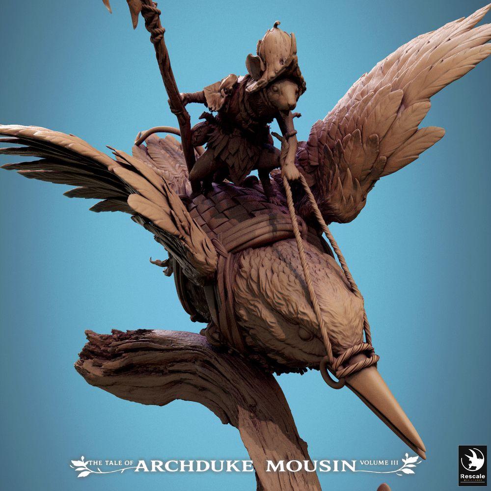 Productfoto Tabletop 28mm Lord of the Print (LotP) 3: Tabletop Miniatuur: Muizridder op IJsvogel, Vogelrijder-Hellebardier in Sturzflug, Cavalerie-Kampioen (Kingfisher Fall) (25_07_F1)