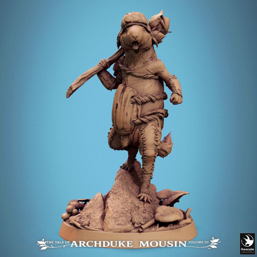 Productfoto Tabletop 28mm Lord of the Print (LotP) 0: Tabletop Miniatuur: Nagermens Krijger / Rattenmens Boswachter, Barbar met Knuppel, roepende Leider op Steen-Basis (25_07_L7)