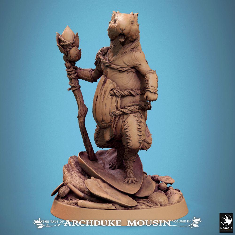 Productfoto Tabletop 28mm Lord of the Print (LotP) 0: Tabletop Miniatuur: Lemming-Druïde en Bos Sjamaan, Knaagdier-Leider met Toverstok op scenische Bos-Basis (25_07_L9)