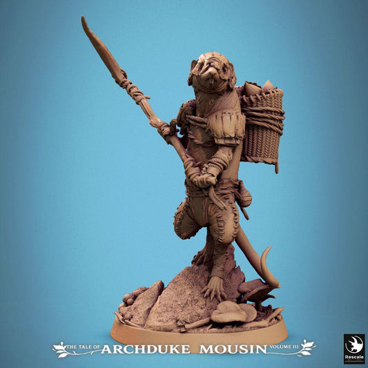 Productfoto Tabletop 28mm Lord of the Print (LotP) 0: Fantasy figuur: Spitsmuis-wachter met speer - Muis-verkenner, boswachter/spion, Beastfolk avonturier (Etruskische spitsmuiswacht) (25_07_K5)