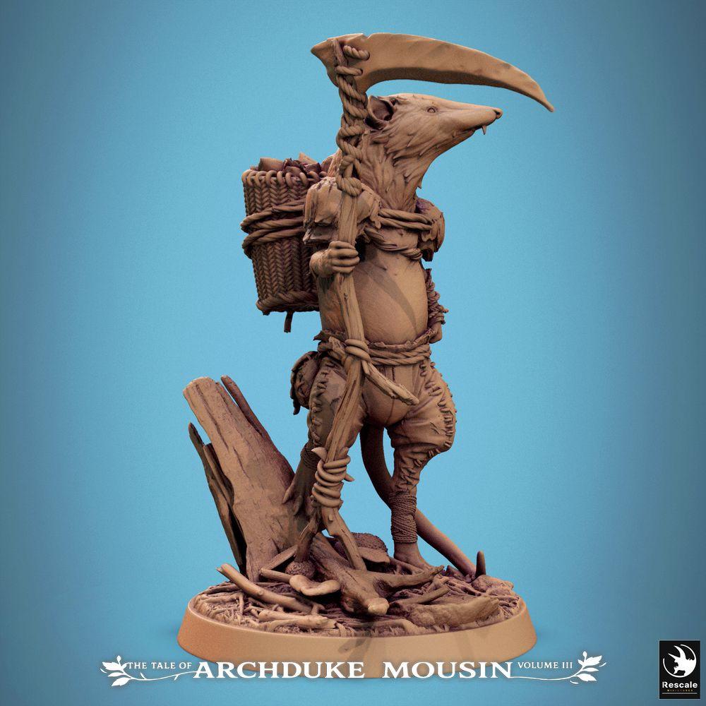 Productfoto Tabletop 28mm Lord of the Print (LotP) 0: Tabletop Miniatuur: Muizen-Woudloper Ranger en Verkenner - Diermens in Spitsmuis-Uiterlijk (Etruskische Spitsmuis) met Zeis, Wandelstok en Draagmand (25_07_K7)