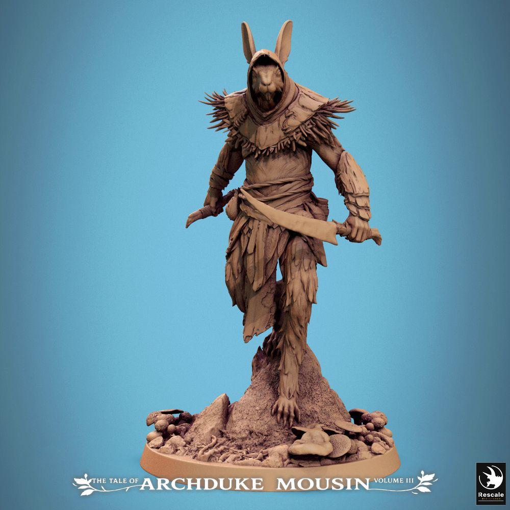 Productfoto Tabletop 28mm Lord of the Print (LotP) 0: Tabletop Miniatuur: Hasenmensch Assassijn / Woudloper-Scout, Schurk met Krummsäbel en Kap, Rotsbasis (25_07_N1)