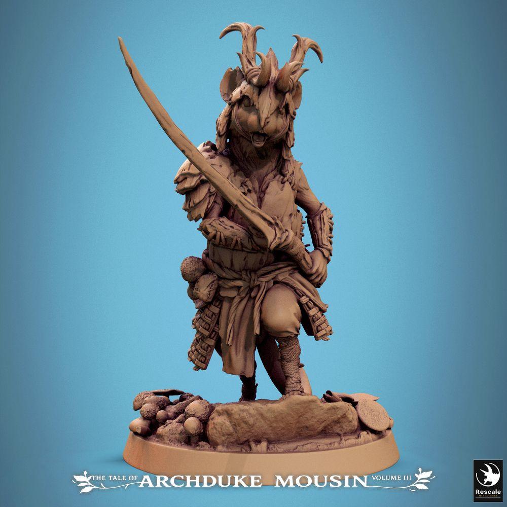 Productfoto Tabletop 28mm Lord of the Print (LotP) 0: Fantasy figuur: Muizenkrijger (Nagermens) - Boswachter & Duelant met gebogen zwaard, gehoornde hoofdtooi, lichte schubben-/lamellenpantser (25_07_G5)