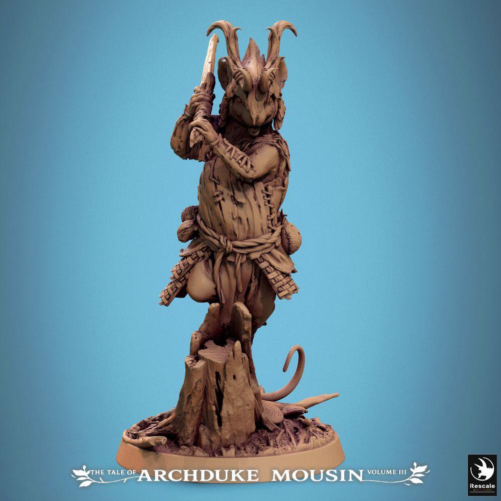 Productfoto Tabletop 28mm Lord of the Print (LotP) 0: Tabletop miniatuur: Muizenkrijger met knuppel, diermens stamvechter met hoornmasker, woudsjamaan of druïde krijger, leider van het Nager-volk voor Wargaming, Skirmish, Dungeon Crawler, Rollenspel, Diorama, Basing (25_07_G9)