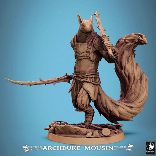 Productfoto Tabletop 28mm Lord of the Print (LotP) 0: Fantasy figuur: Eekhoorn-diermens boswachter - Squirrel Guard, beestenkrijger en zwaardvechter met gekromd zwaard en dolk (25_07_M3)