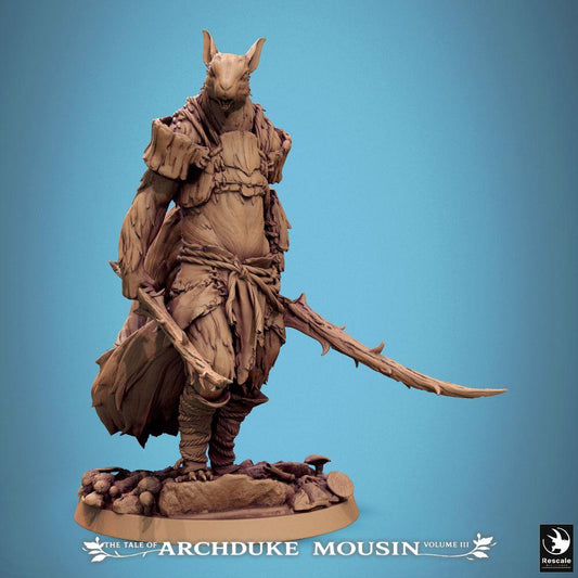 Productfoto Tabletop 28mm Lord of the Print (LotP) 0: Tabletop Miniatuur: Ratmens Anführer met twee gebogen messen - Diermens Warlord, Duelant, Zwaardvechter, Dubbel Wield, Skirmish/RPG, Baasmonster, Diorama-Basis Bos/Grot (25_07_M9)