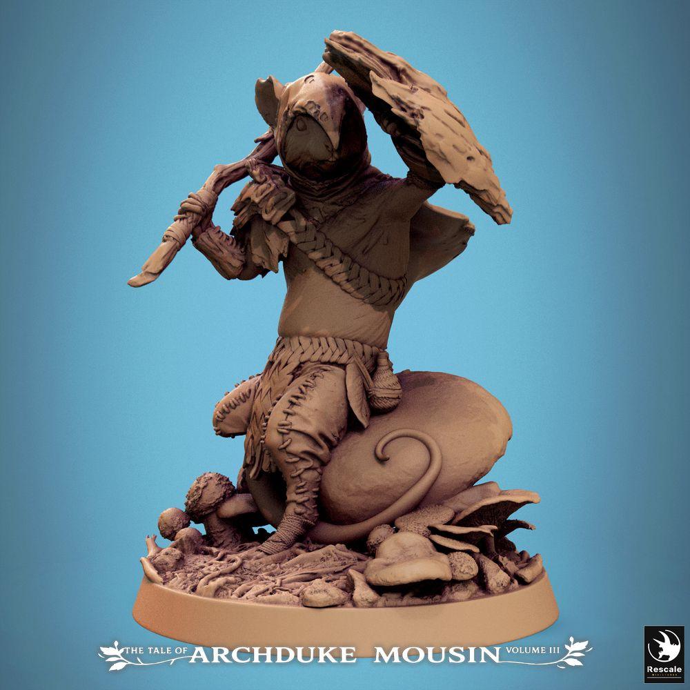 Productfoto Tabletop 28mm Lord of the Print (LotP) 0: Tabletop Miniatuur: Muizenkrijger, Ratmenschen Woudloper/Schurk, Verkenner/Plankler met kromdolk en bladschild (25_07_I3)