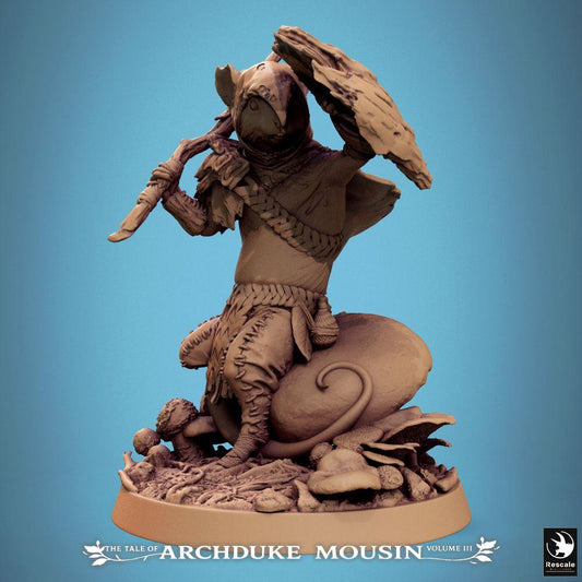 Productfoto Tabletop 28mm Lord of the Print (LotP) 0: Tabletop Miniatuur: Muizenkrijger, Ratmenschen Woudloper/Schurk, Verkenner/Plankler met kromdolk en bladschild (25_07_I3)