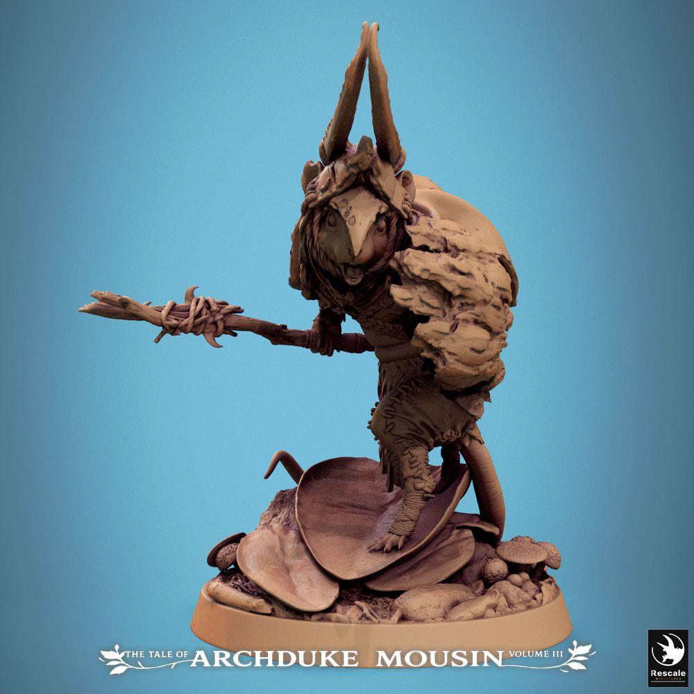 Productfoto Tabletop 28mm Lord of the Print (LotP) 0: Tabletop miniatuur: Ratmensjamaan/Druïde, Stammestrijder, Speerdrager - loerende hinderlaagjager van de wildernis (25_07_I7)