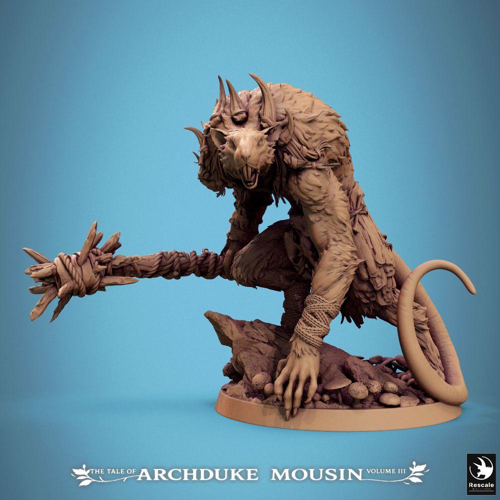 Productfoto Tabletop 28mm Lord of the Print (LotP) 0: Fantasy Miniatuur: Rattenoger / Wer-Rat, Beestenkrijger met Stekelknots, Ondergrond Baasmonster en Dungeon-Crawler Tegenstander (25_07_O3)