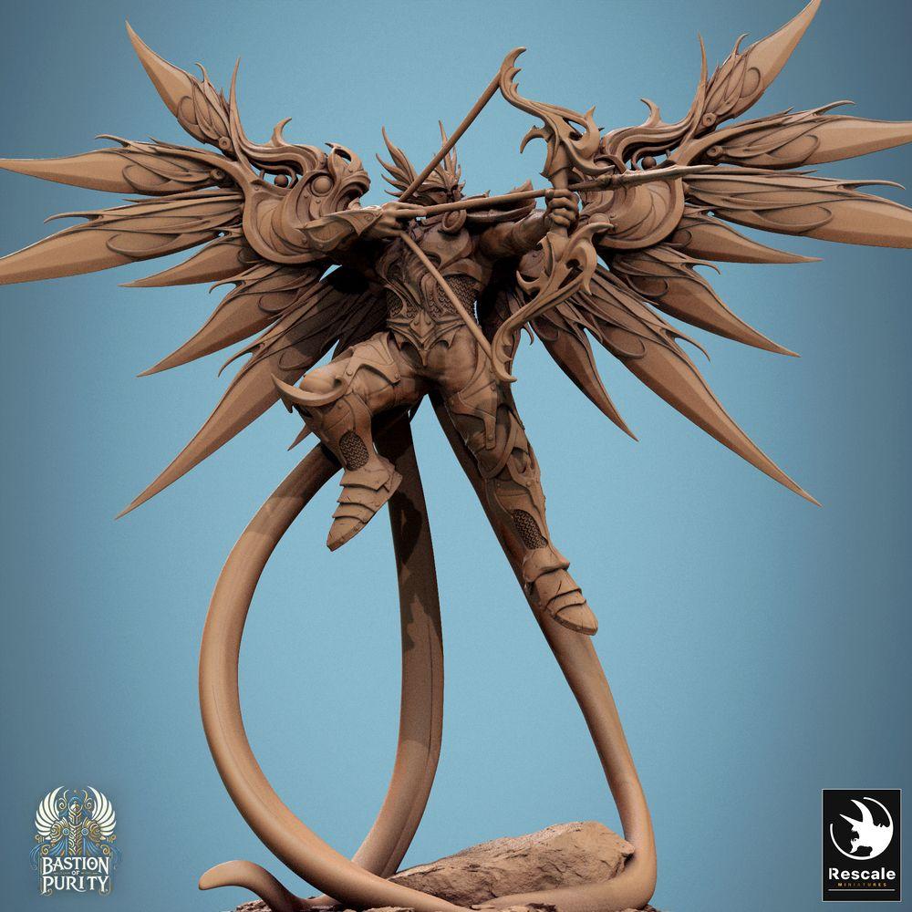 Produktfoto Tabletop 28mm Lord of the Print (LotP) 0: Tabletop Miniatur: Himmlischer Bogenschütze - Engelskrieger mit Flügeln (Aurelian Skyblade Bow), geflügelter Paladin/Fernkämpfer in dynamischer Flugpose mit Diorama-Base (24_09_B1)