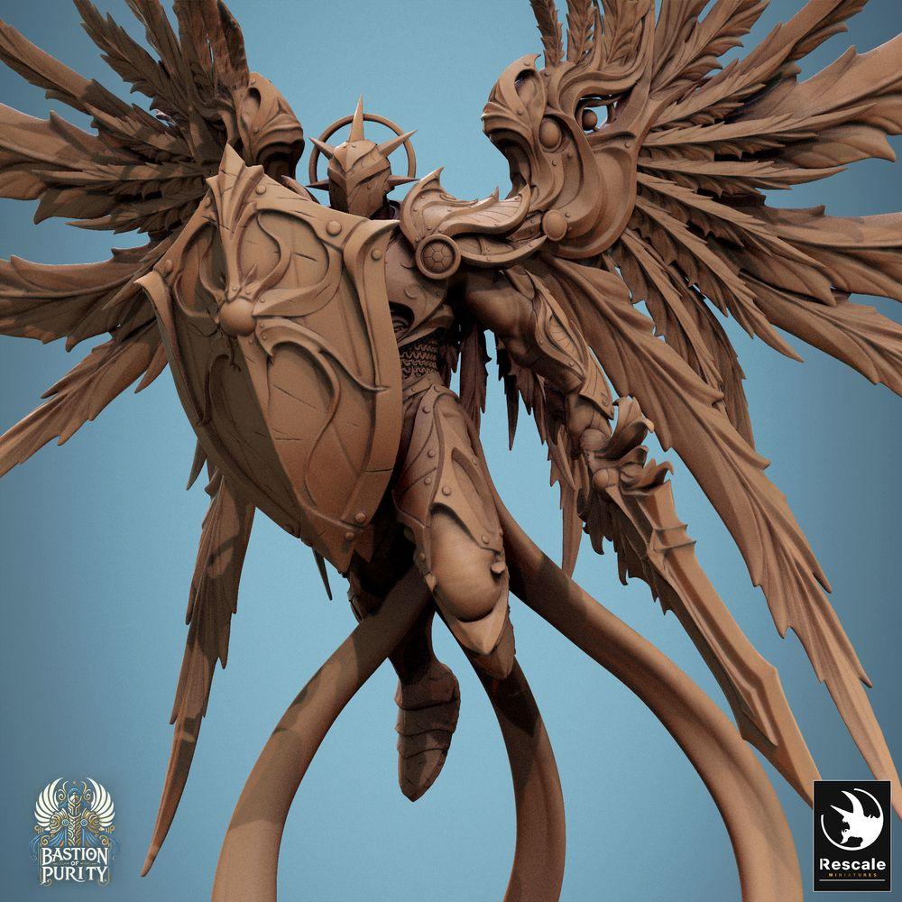 Produktfoto Tabletop 28mm Lord of the Print (LotP) 0: Tabletop Miniatur: Himmlischer Wächter Seraph - geflügelter Paladin/Engelskrieger mit großem Schild, schwebend im Sturzflug, Anführer, Nahkampf (24_09_B7)