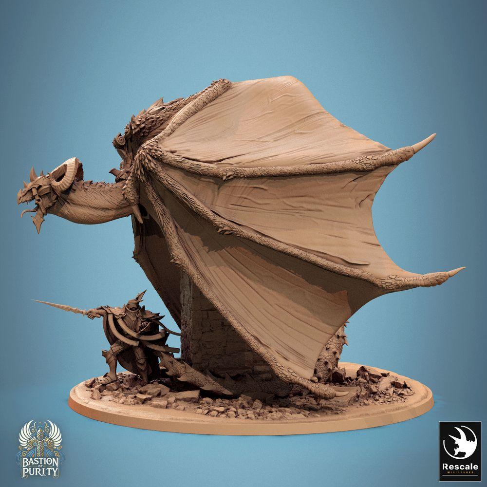 Produktfoto Tabletop 28mm Lord of the Print (LotP) 0: Tabletop Miniatur: Schattenwyrm Drache/Wyvern über Turmruine - Boss-Monster mit Ritter/Paladin als Drachenjäger, Langschwert, Diorama (24_09_F2)
