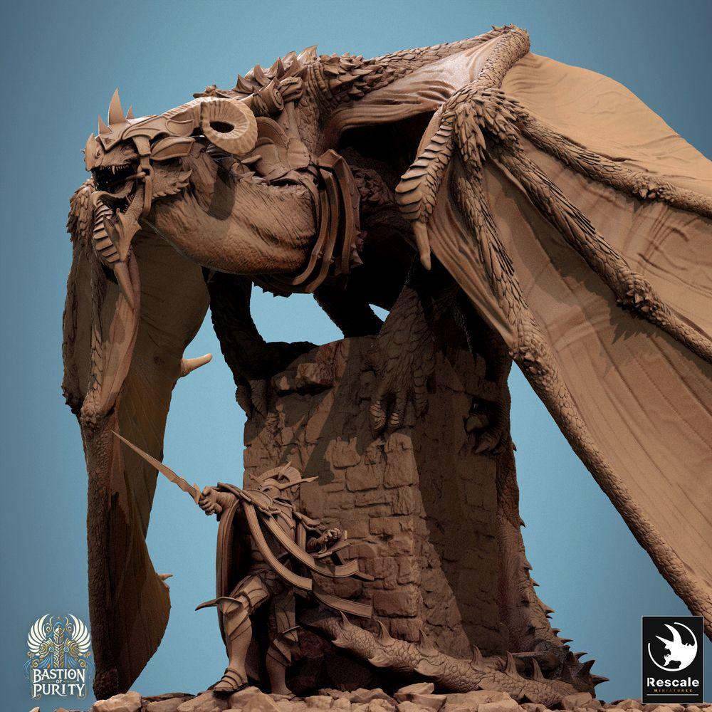 Produktfoto Tabletop 28mm Lord of the Print (LotP) 0: Tabletop Miniatur: Schattenwyrm Drache/Wyvern über Turmruine - Boss-Monster mit Ritter/Paladin als Drachenjäger, Langschwert, Diorama (24_09_F2)