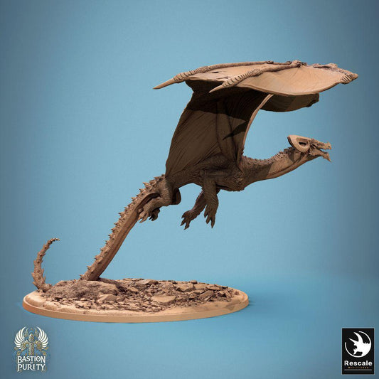 Produktfoto Tabletop 28mm Lord of the Print (LotP) 0: Fantasy Figur: Wyvern / Himmelswyrm - fliegende Drachenminiatur im Sturzflug, Bossmonster mit Odemangriff, Fels-/Geröllbase (24_09_F3)