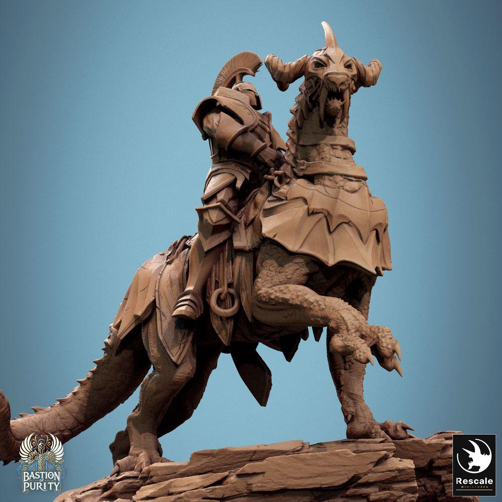 Productfoto Tabletop 28mm Lord of the Print (LotP) 0: Fantasy figuur: Dragoryx Chief / Dragoryx Häuptling - gepanserde drakenrijder / saurierrijder in volle plaatpantser, cavalerie-kampioen met oorlogshamer (24_09_I2)