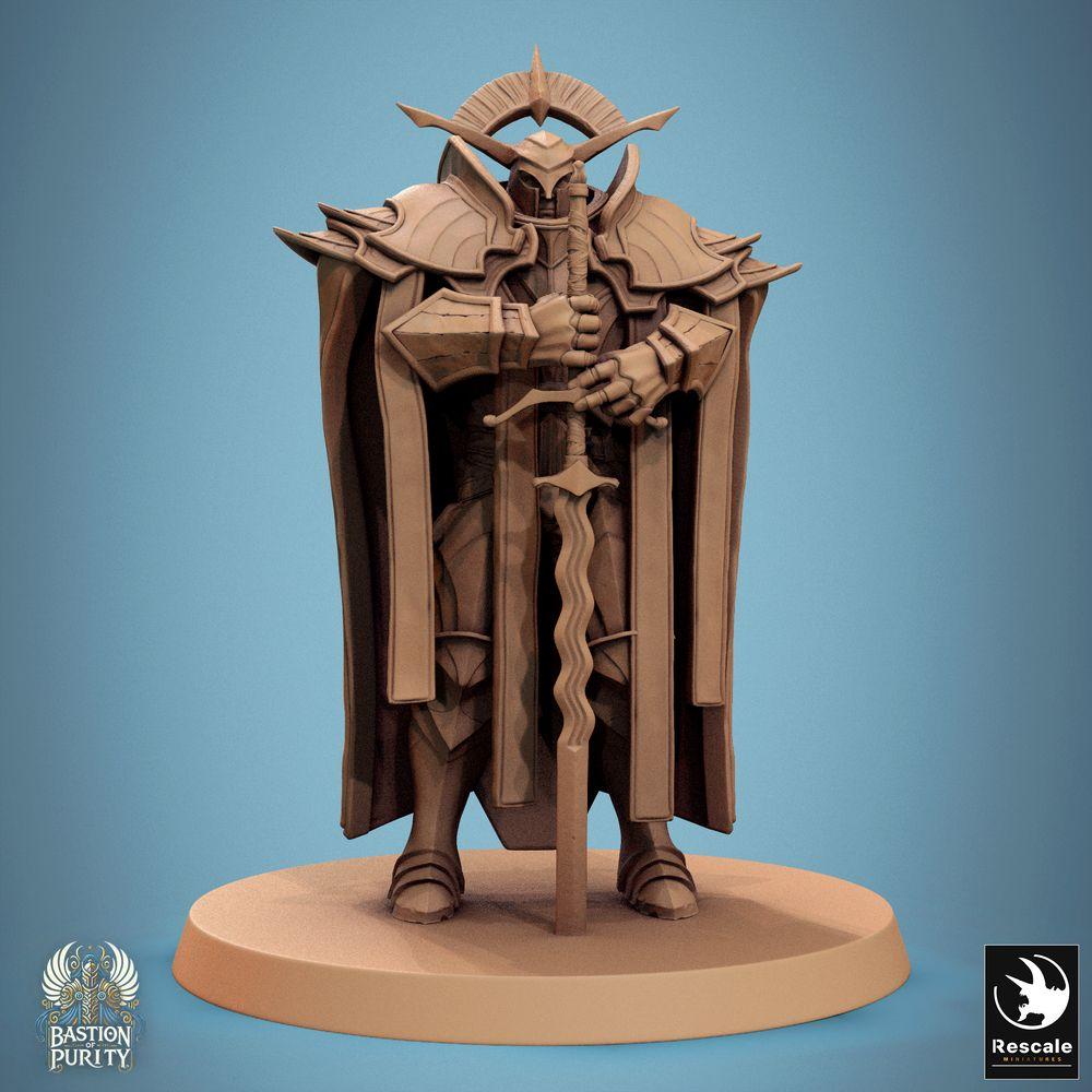 Productfoto Tabletop 28mm Lord of the Print (LotP) 0: Fantasy figuur: Paladijn/Templer, Hoge ridder met groot zwaard (Flamberge), Bastionsgeneraal, Wachterspositie, Leider in elite-uitrusting (24_09_C8)