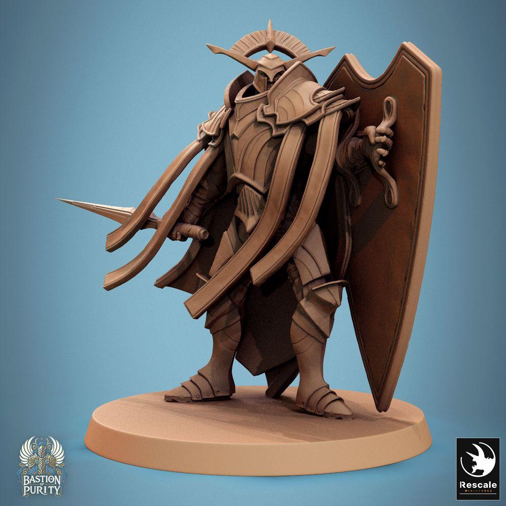 Productfoto Tabletop 28mm Lord of the Print (LotP) 0: Tabletop Miniatuur: Paladin / Tempelridder, Schildvechter met zwaard en torenschild, ridder, infanterieleider, Bastion Generaal (24_09_C10)