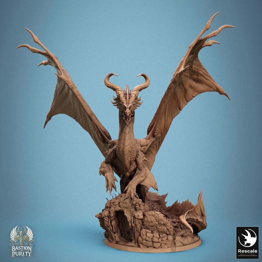 Produktfoto Tabletop 28mm Lord of the Print (LotP) 0: Tabletop Miniatur: Bronzedrache - Alter Großdrache Wyrm auf Felsensockel, Schwingen ausgebreitet, brüllend - Bossmonster, Höhlendrache mit Szenenbase (24_09_A2)