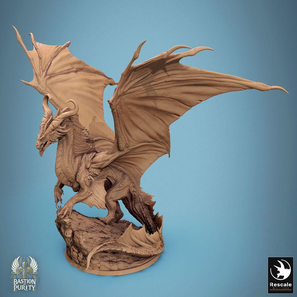 Produktfoto Tabletop 28mm Lord of the Print (LotP) 0: Tabletop Miniatur: Bronzedrache - Alter Großdrache Wyrm auf Felsensockel, Schwingen ausgebreitet, brüllend - Bossmonster, Höhlendrache mit Szenenbase (24_09_A2)
