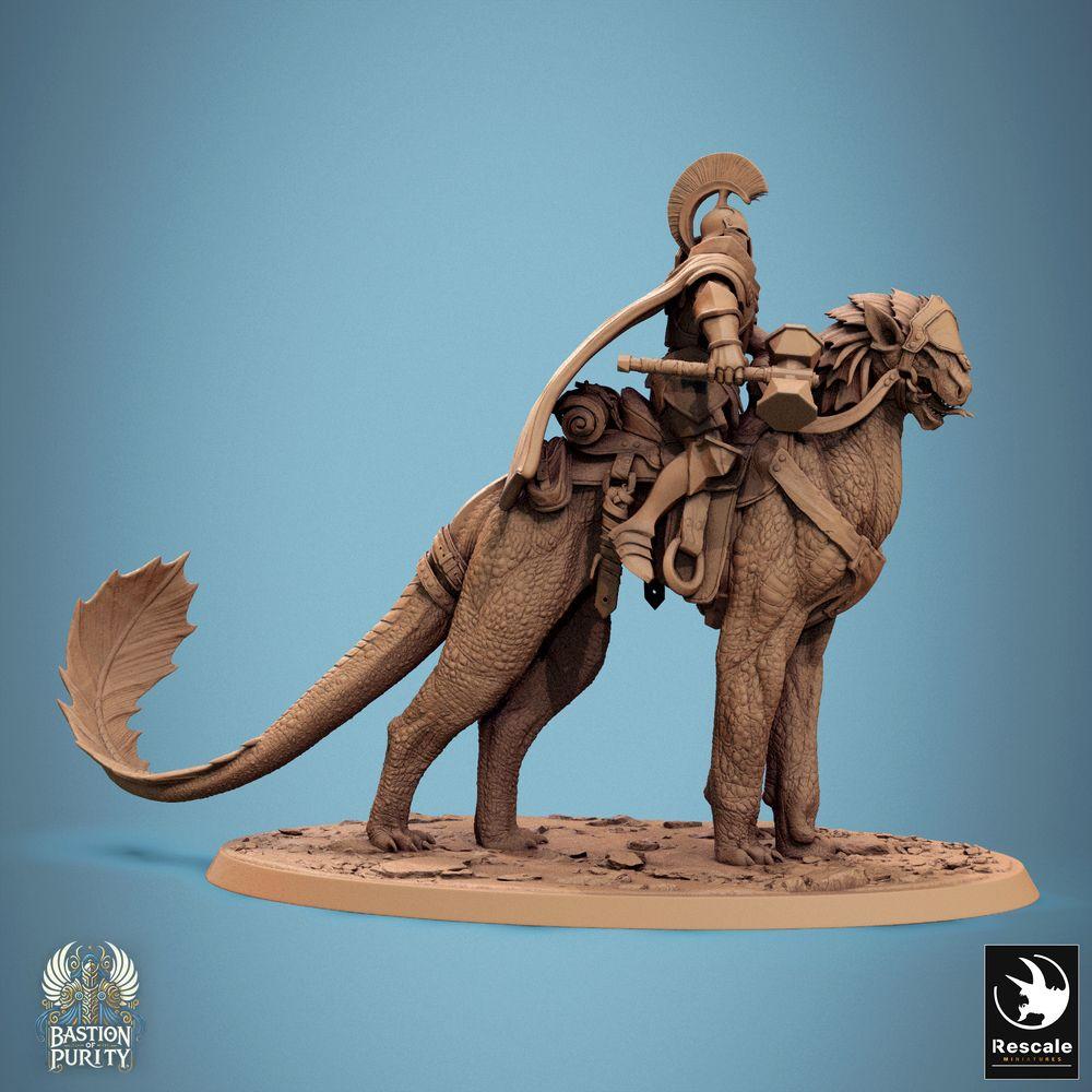 Productfoto Tabletop 28mm Lord of the Print (LotP) 0: Fantasy figuur: Beestenrijder Cavalerist - Paladijn/Oorlogspriester in pantseruitrusting op oorlogsdier met tweehandige oorlogshamer, Tempelwachter (24_09_H7)