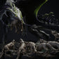 Productfoto Tabletop 28mm Lord of the Print (LotP) 1: Tabletop Fantasy miniatuursset: Black Dragon Hunt - Zwarte Draak met jachthonden op scenische rotsbasis (26_03_A1)