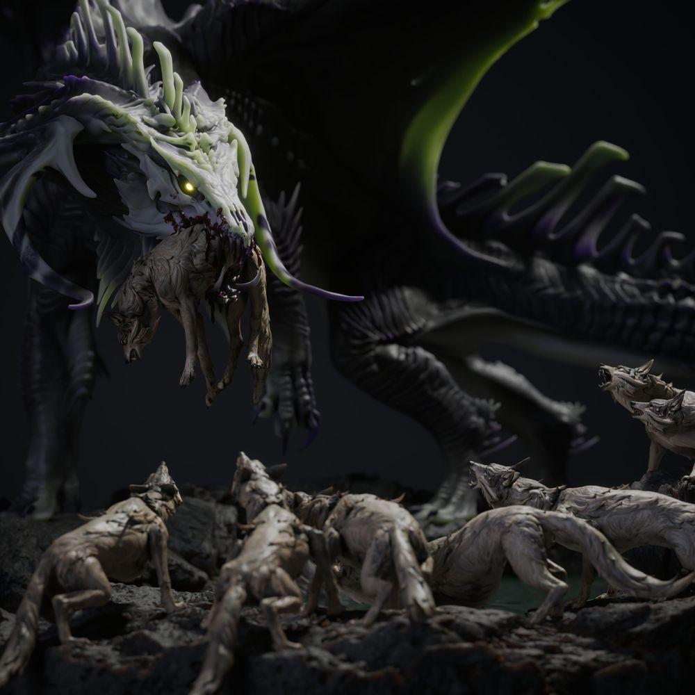 Productfoto Tabletop 28mm Lord of the Print (LotP) 1: Tabletop Fantasy miniatuursset: Black Dragon Hunt - Zwarte Draak met jachthonden op scenische rotsbasis (26_03_A1)