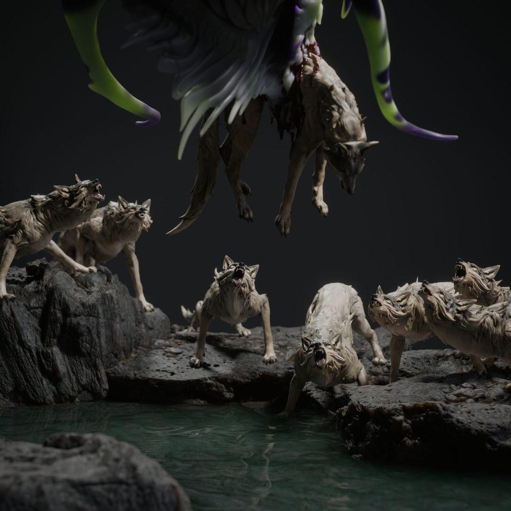 Productfoto Tabletop 28mm Lord of the Print (LotP) 2: Tabletop Fantasy miniatuurset: Black Dragon Hunt - Zwarte Draak met jachthonden op een scenische rotsbasis (26_03_A1)
