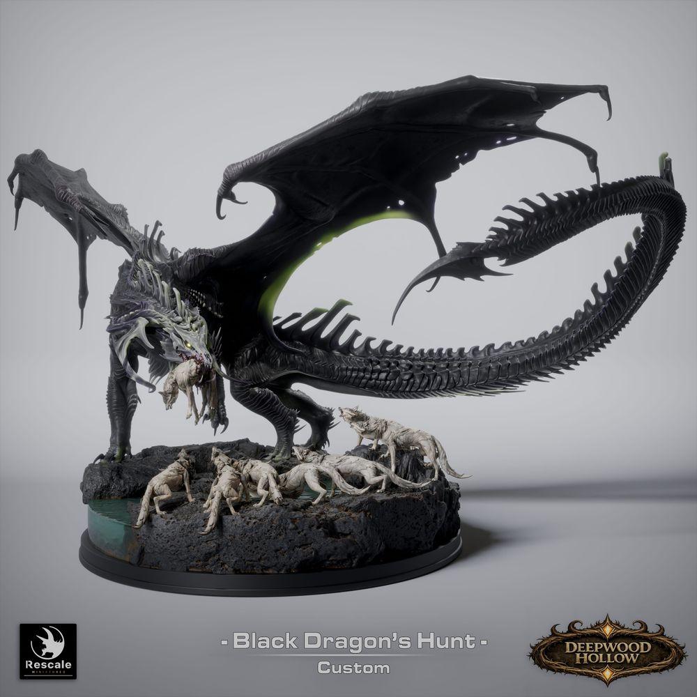 Productfoto Tabletop 28mm Lord of the Print (LotP) 5: Tabletop Fantasy miniatuursset: Black Dragon Hunt - Zwarte Draak met jachthonden op scenische rotsbasis (26_03_A1)