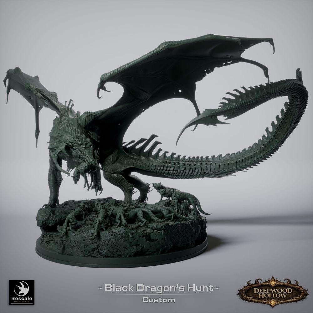 Productfoto Tabletop 28mm Lord of the Print (LotP) 6: Tabletop Fantasy miniaturen set: Black Dragon Hunt - Zwarte draak met jachthonden op een scenische rotsbasis (26_03_A1)
