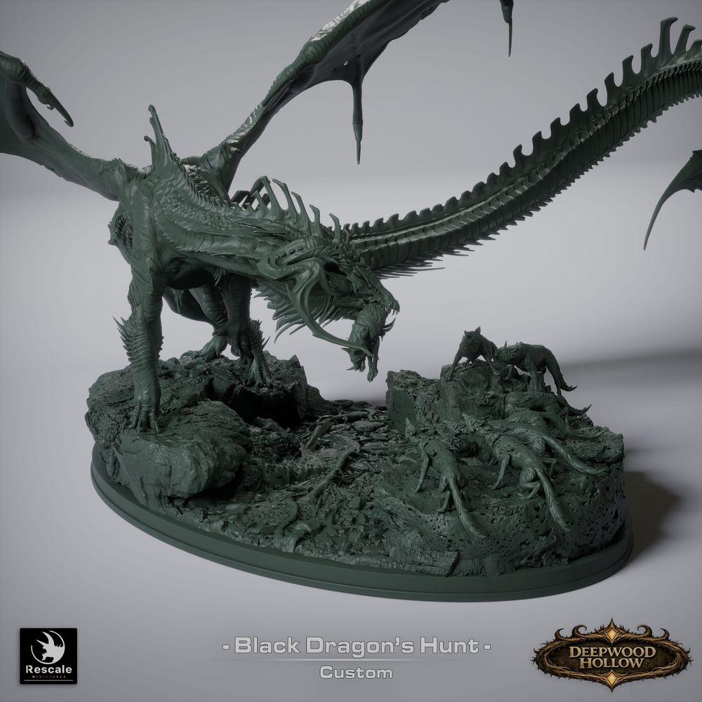 Productfoto Tabletop 28mm Lord of the Print (LotP) 7: Tabletop Fantasy miniatuursset: Black Dragon Hunt - Zwarte Draak met jachthonden op scenische rotsbasis (26_03_A1)