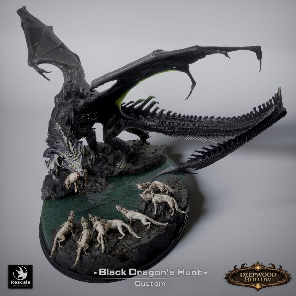 Productfoto Tabletop 28mm Lord of the Print (LotP) 8: Tabletop Fantasy miniatuursset: Black Dragon Hunt - Zwarte draak met jachthonden op een scenische rotsbasis (26_03_A1)
