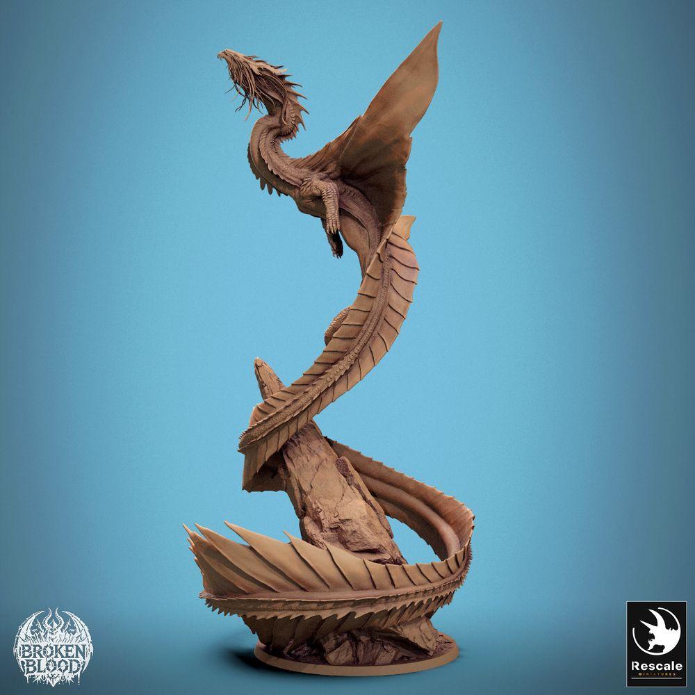 Productfoto Tabletop 28mm Lord of the Print (LotP) 1: Fantasy Miniatuur: Wyvern / Lindwurm Draak, opklimmend Bossmonster op Felsbasis, dynamische Vlieghouding (24_11_F1)