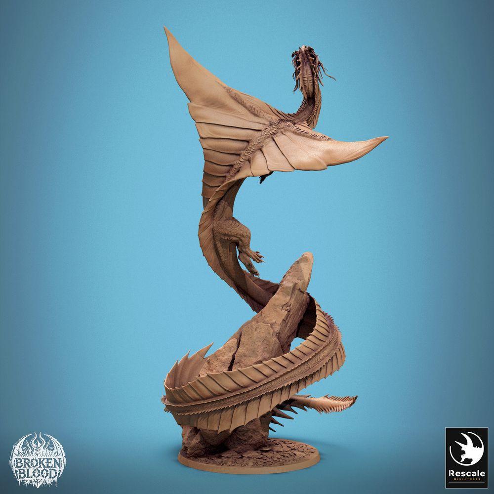 Productfoto Tabletop 28mm Lord of the Print (LotP) 2: Fantasy Miniatuur: Wyvern / Lindwurm Draak, opkomend Bossmonster op Felsbasis, dynamische Vlieghouding (24_11_F1)