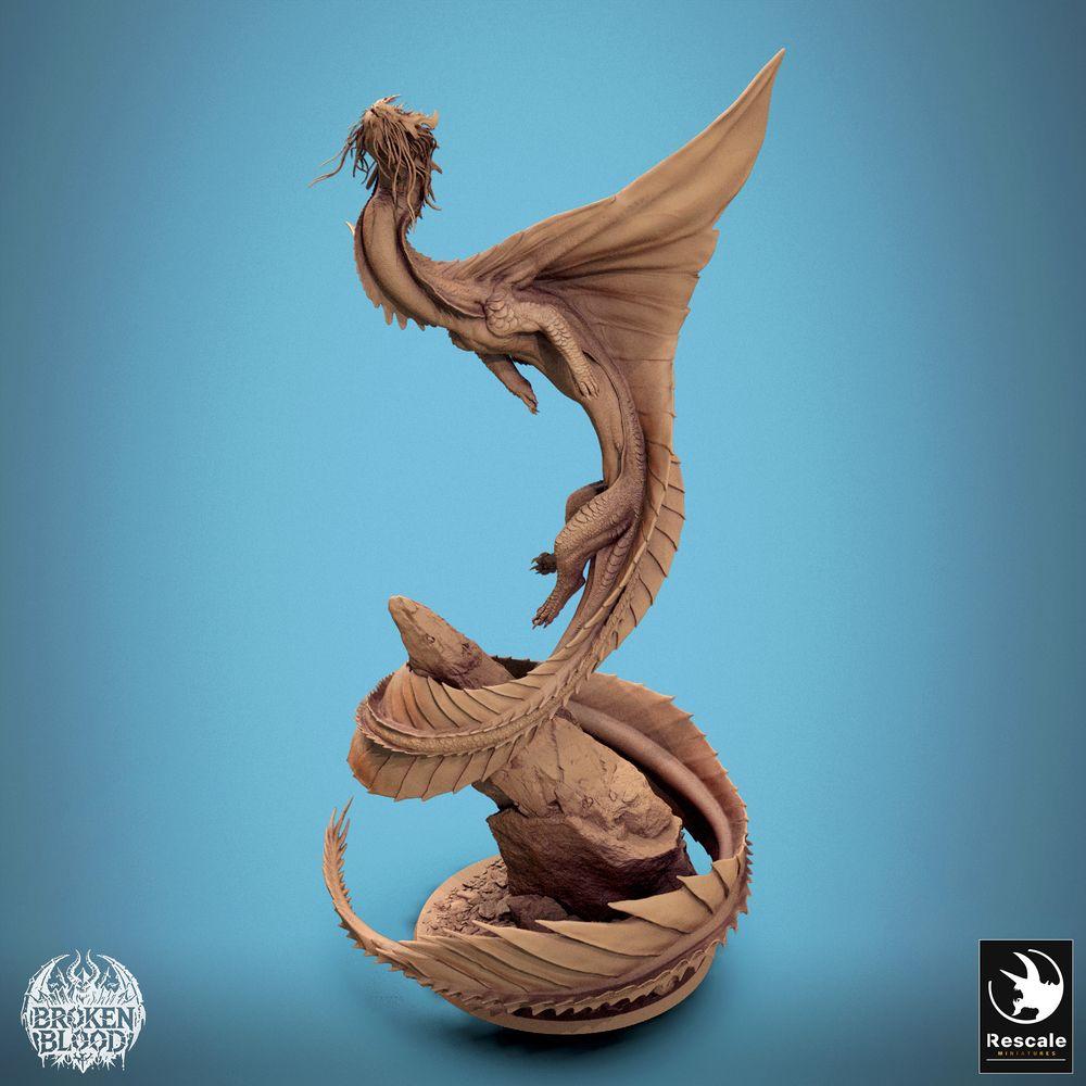 Productfoto Tabletop 28mm Lord of the Print (LotP) 3: Fantasy Miniatuur: Wyvern / Lindwurm Draak, opstijgend Bossmonster op Felsbasis, dynamische Vlieghouding (24_11_F1)