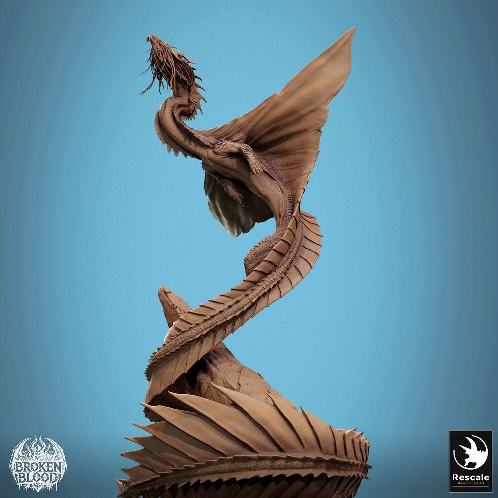 Productfoto Tabletop 28mm Lord of the Print (LotP) 4: Fantasy Miniatuur: Wyvern / Lindwurm Draak, opkomend Bossmonster op Felsbasis, dynamische Vlieghouding (24_11_F1)
