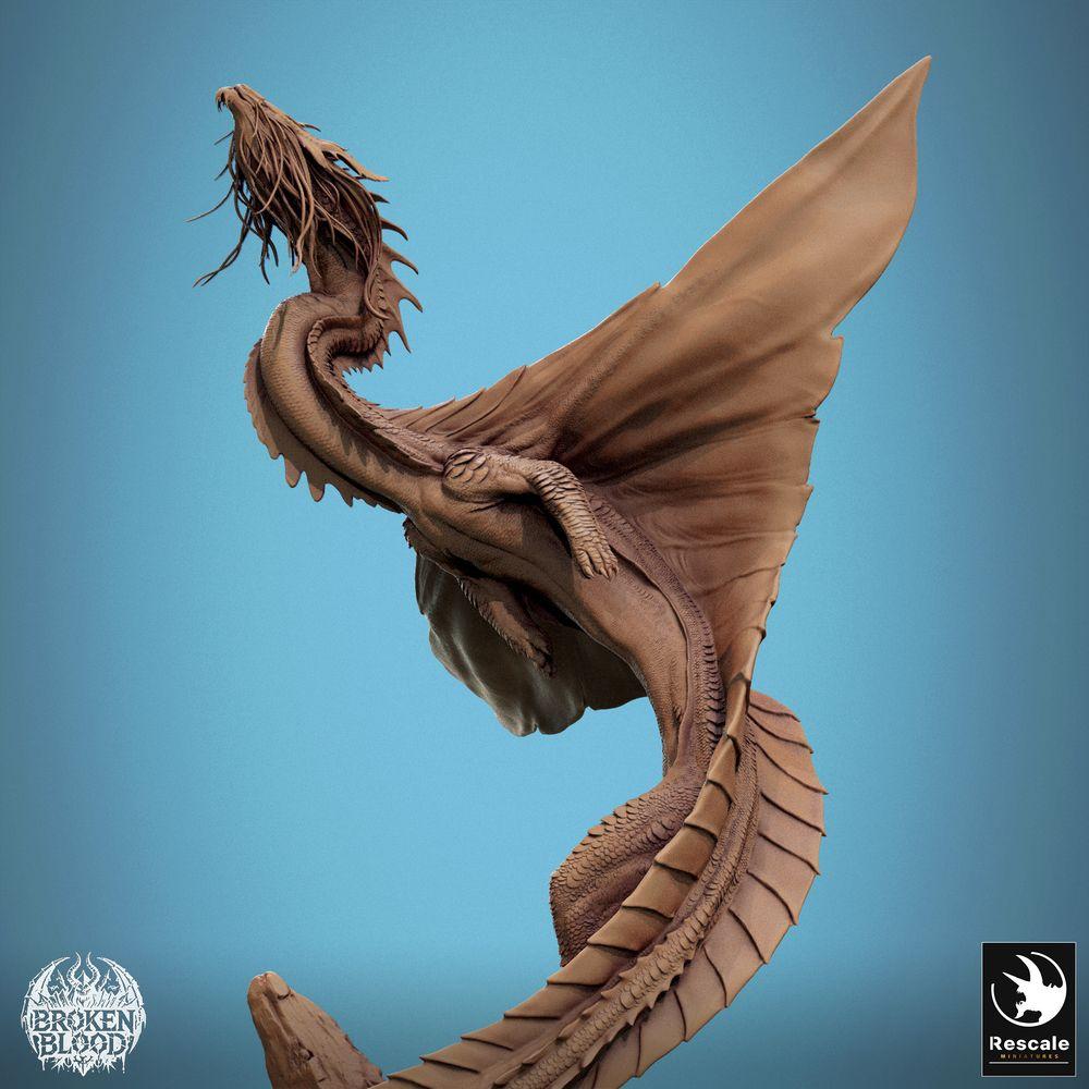 Productfoto Tabletop 28mm Lord of the Print (LotP) 5: Fantasy Miniatuur: Wyvern / Lindwurm Draak, opkomend Baasmonster op Steenbasis, dynamische Vlieghouding (24_11_F1)