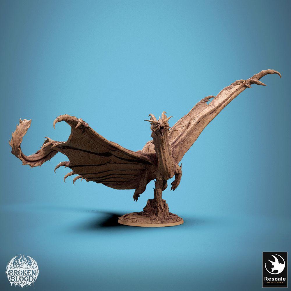 Productfoto Tabletop 28mm Lord of the Print (LotP) 0: Fantasy Figuur: Gouden Draak (Gold Dragon) - legendarisch vliegend beest in dynamische vliegpose met uitgespreide vleugels, Wyvern/Lindwurm, Baasmonster (24_11_A1)