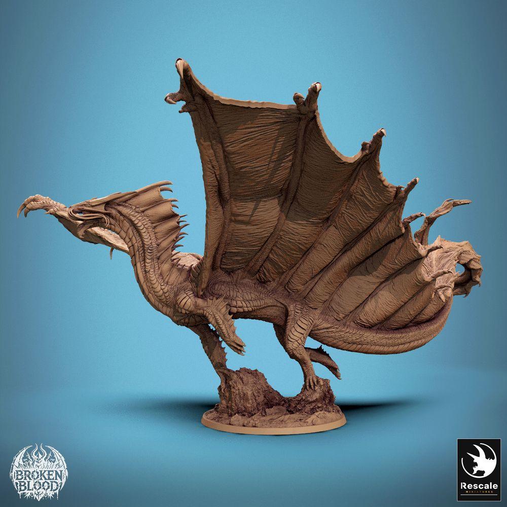 Productfoto Tabletop 28mm Lord of the Print (LotP) 1: Fantasy Figuur: Gouden Draak - legendarisch vliegend beest in dynamische vliegpose met uitgespreide vleugels, Wyvern/Lindworm, Bossmonster (24_11_A1)