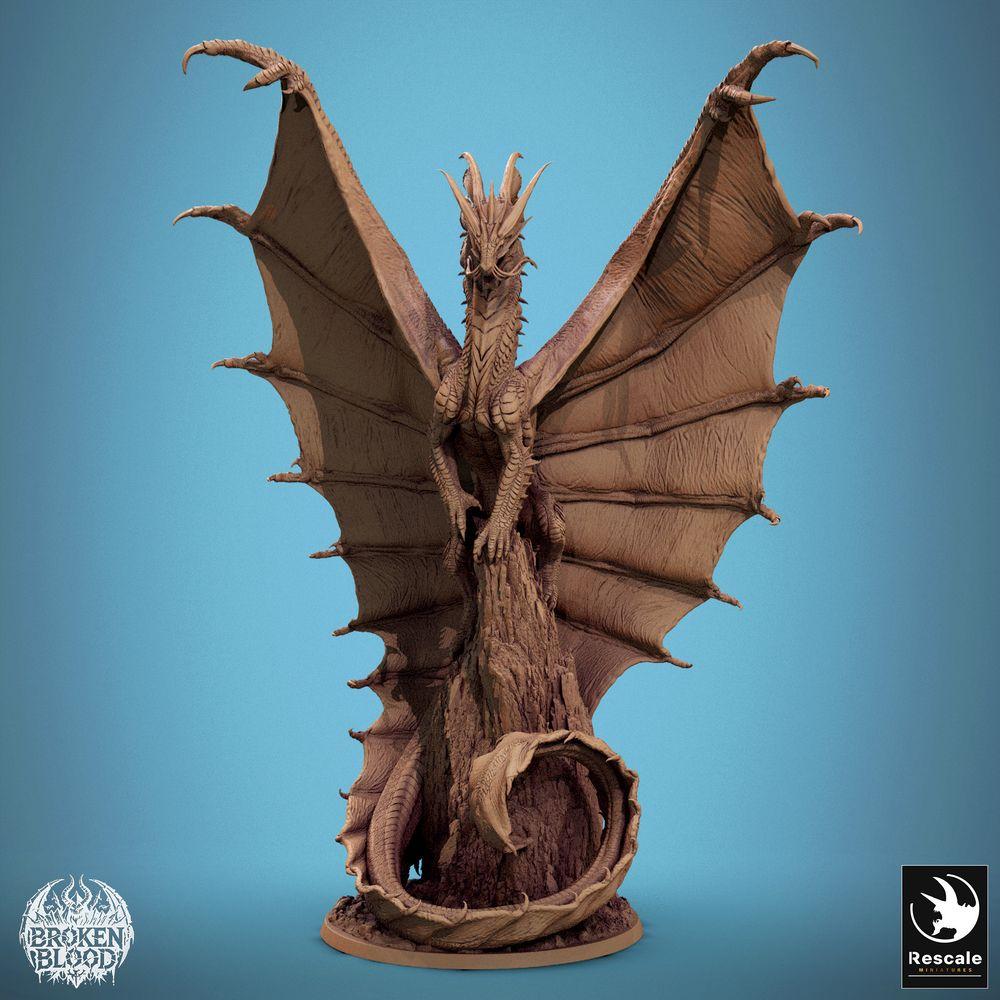 Productfoto Tabletop 28mm Lord of the Print (LotP) 0: Tabletop Miniatuur: Gouden Draak / Gold Dragon - Drakenoudste Urdrache, legendarisch baasmonster met uitgespreide vleugels op rotsnaald (24_11_A3)