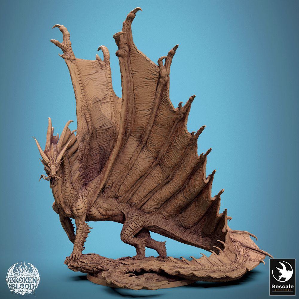 Productfoto Tabletop 28mm Lord of the Print (LotP) 0: Tabletop Miniatuur: Antieke Grote Draak Wyrm, Lindwurm - Gouden Draak, Baasmonster Grote Figuur, brullend met uitgespreide vleugels op rotsachtige basis (24_11_A7)