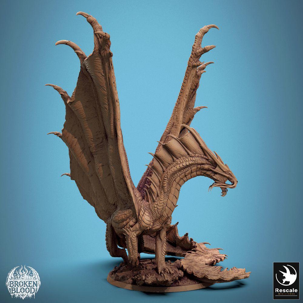 Productfoto Tabletop 28mm Lord of the Print (LotP) 1: Tabletop Miniatuur: Antieke Grote Draak Wyrm, Lindwurm - Gouden Draak, Baasmonster Grootfiguur, brullend met uitgespreide vleugels op rotsachtige basis (24_11_A7)